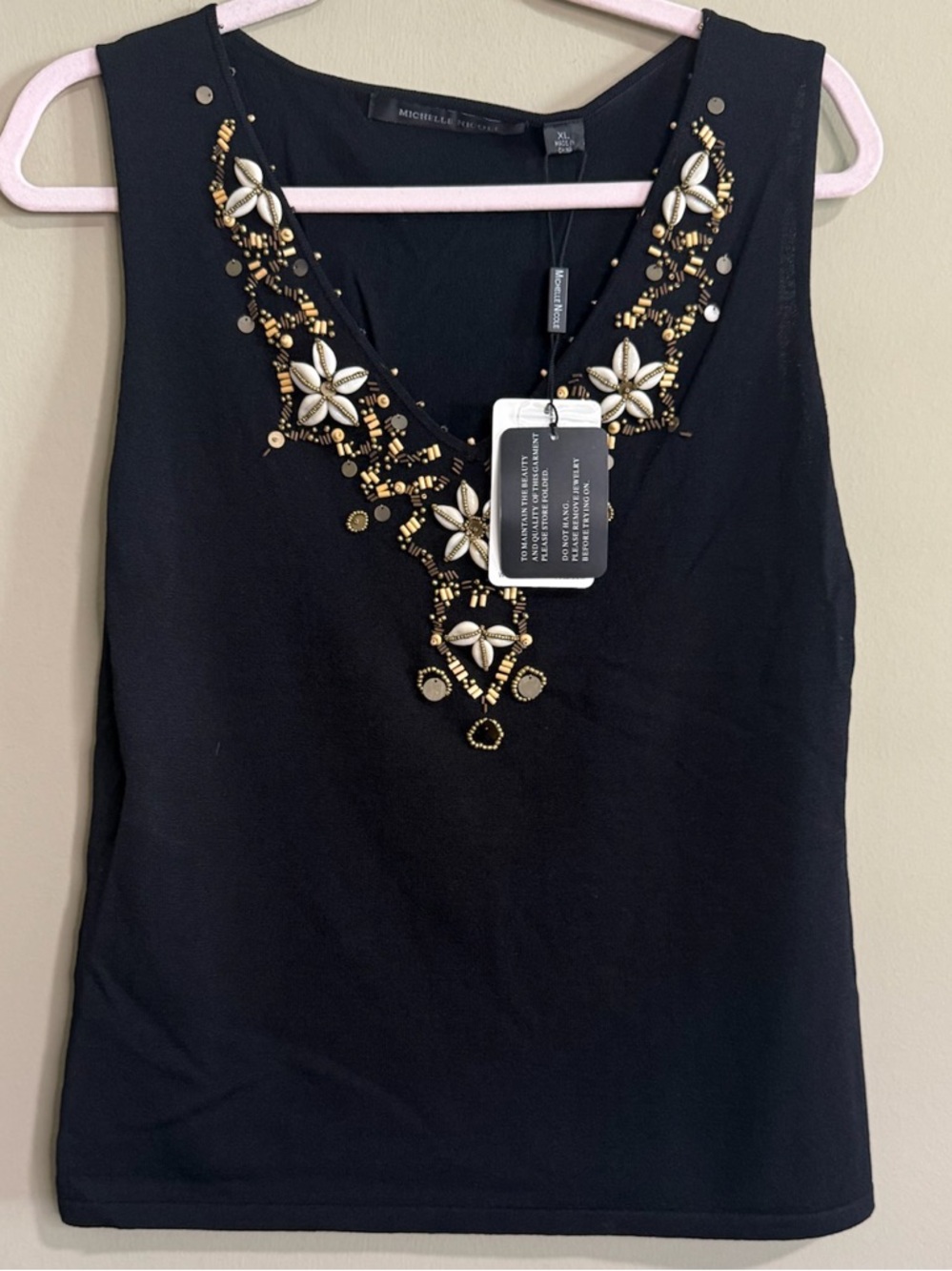 Michelle Nicole Black Sleeveless Camisole with Gold & Cream Beadwork